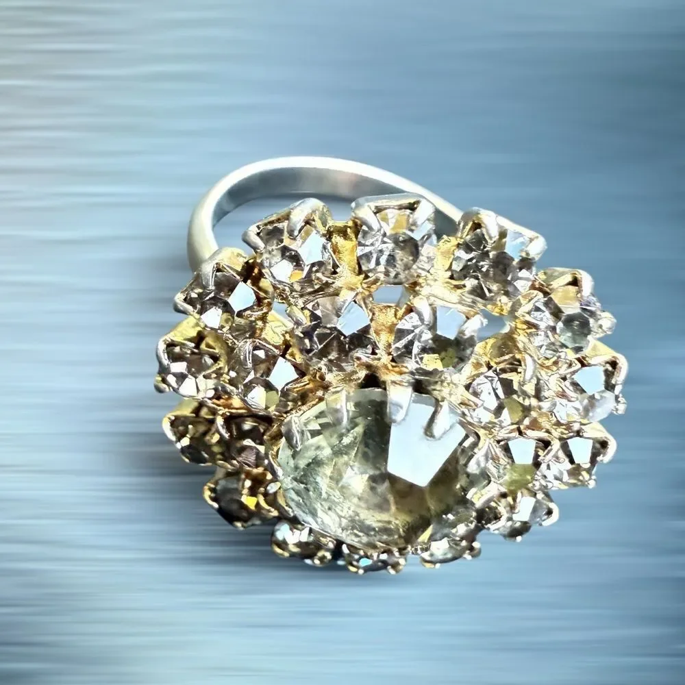 VINTAGE ADJUSTABLE SILVER RING WITH LARGE ROUND CRYSTAL CLUSTER – STATEMENT JEW